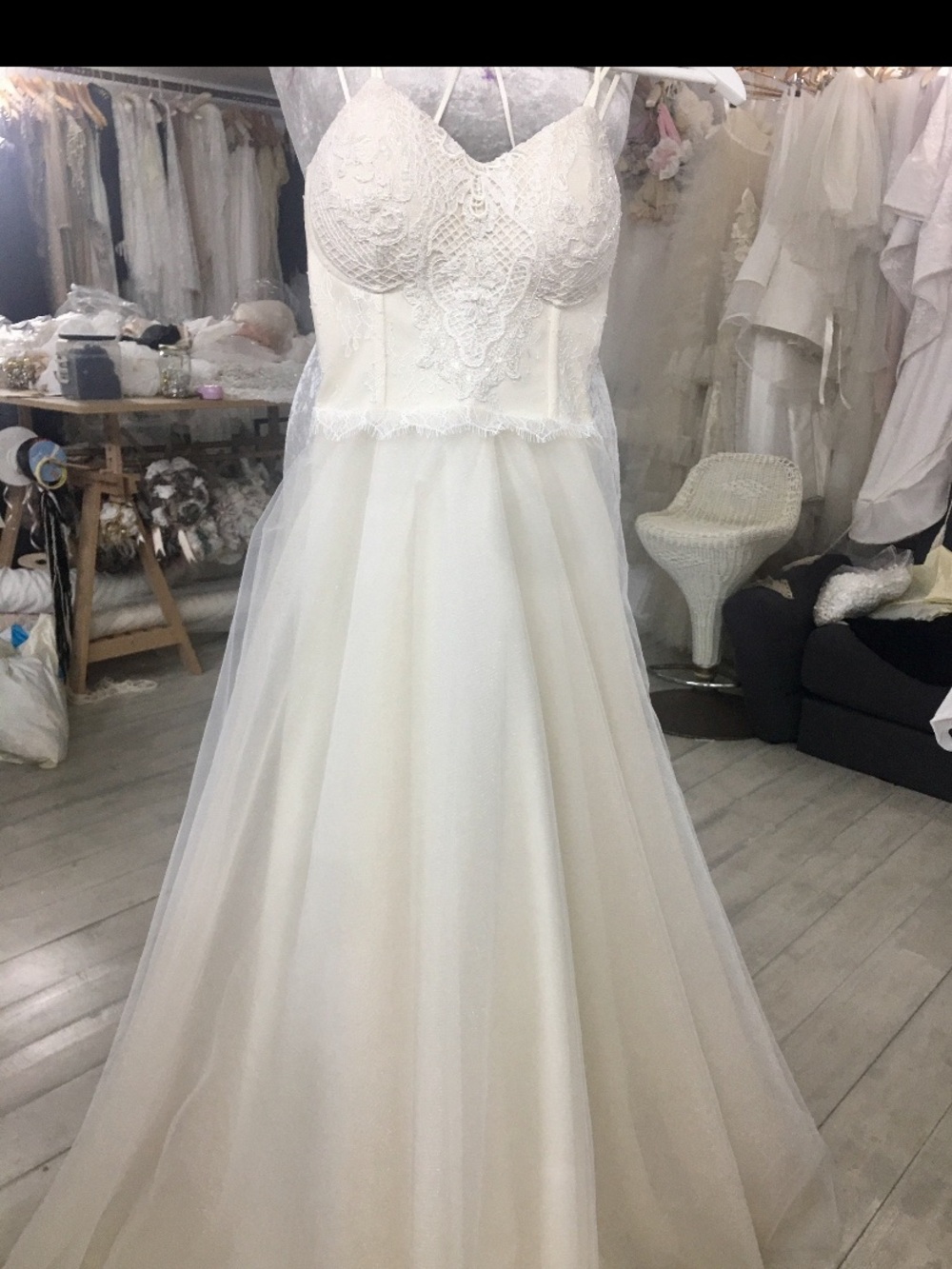 Boho A-Line Tulle Wedding Gown with Lace Bodice - Ivory